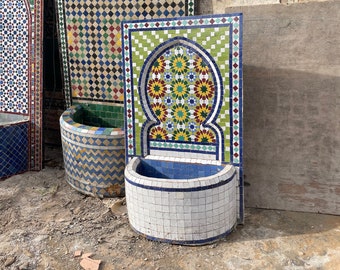 Moroccan Boujaad Ceramic Premium water Fountain, Authentic Berber Mosaic Zelij Tile Fountain, Atlas Rare Beni Ourain Indoor Garden Fountain
