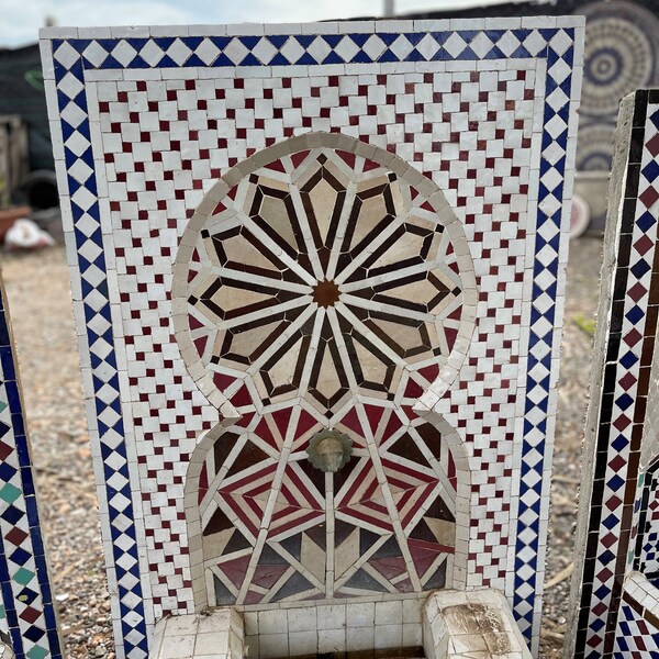 Moroccan Vintage Handmade Mosaic Fountain, Boujad Authentic Zelij Fountain, crafted Tile Fountain, Unique Wall Garden Mosaic water Fountain