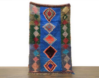 Exclusive Bohemian Geniune Lamb Blue Rug, 4x7 ft Vintage Azilal Rare Entryway Thread Carpet, 80s Moroccan Berber Pemium Hallway Rug Style