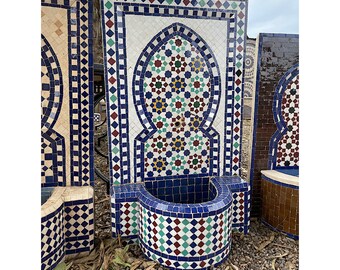 Moroccan Authentic Handcraft Mosaic Luxurious Fountain, Beni Ourain Natural Zellij Ceramic Wall Fountain, Unique Garden water Tile Fountain