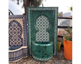 Berber Moroccan Handmade Mosaic Royal Green Fountain, Rare Traditional Premium Zellije Tile Fountain, Natural Artwork Garden Decor Fountain