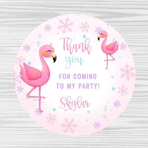 PRINTED flamingo birthday favor stickers-Personalized flamingo favor Labels-birthday treat stickers-round stickers