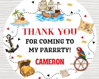 May include: A round sticker with a pirate theme. The design includes a pirate ship, treasure chest, parrot, anchor, and the text "THANK YOU FOR COMING TO MY PARRRTY! CAMERON" in red and black.