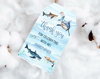 PRINTED shark thank you tags-shark birthday favor tags-under the sea theme party
