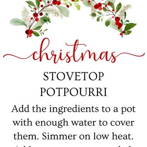 May include: White tag with a watercolor Christmas wreath and the word "christmas" in red script. Text below reads "STOVETOP POTPOURRI" with instructions and "The Miller Family" at the bottom.