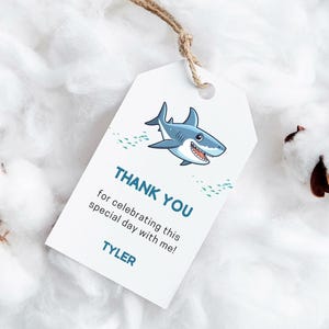 PRINTED shark favor tags-ocean theme tags-shark printed tags-birthday thank you tags