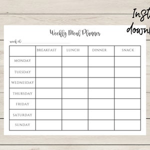 May include: A printable weekly meal planner with sections for breakfast, lunch, dinner, and snack. The planner is divided into seven days of the week: Monday, Tuesday, Wednesday, Thursday, Friday, Saturday, and Sunday.