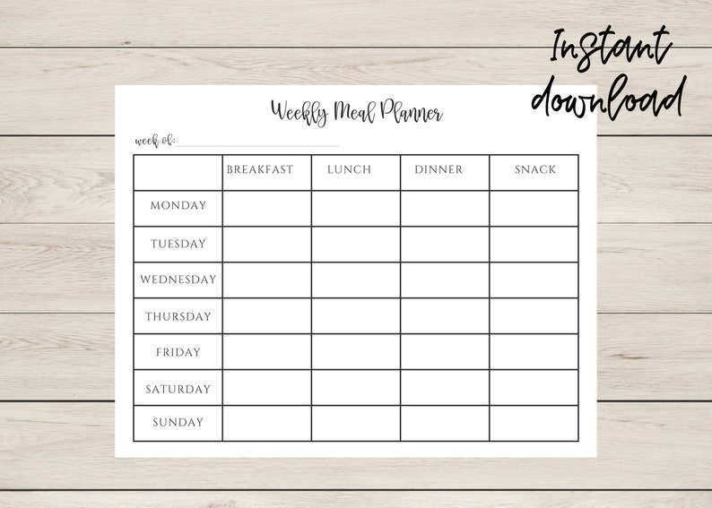 May include: A printable weekly meal planner with sections for breakfast, lunch, dinner, and snack. The planner is divided into seven days of the week: Monday, Tuesday, Wednesday, Thursday, Friday, Saturday, and Sunday.