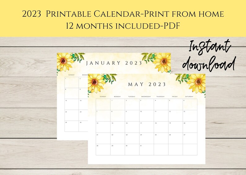 Printable Calendar-printable Calendar 2023-sunflower Printable - Etsy