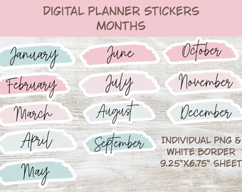 Op de afbeelding: Een set van 12 digitale planner stickers met de maanden van het jaar. Elke sticker is een aquarel-achtige penseelstreek in roze en blauw met witte randen. De stickers zijn 9,25 inch bij 6,75 inch.