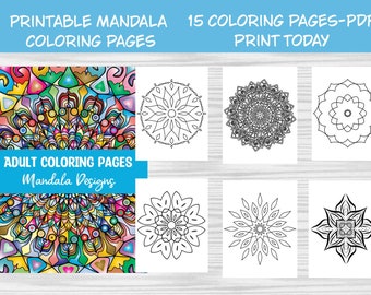 May include: A set of 15 printable coloring pages featuring intricate mandala designs. The pages are perfect for adults who enjoy coloring as a relaxing and creative activity. The designs are complex and detailed, offering a variety of patterns and shapes to color.