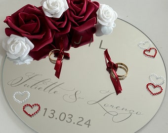 Porta anillos de boda grabado en espejo y personalizado, cojín para anillos de boda, espejo, cristal, porta anillos de boda