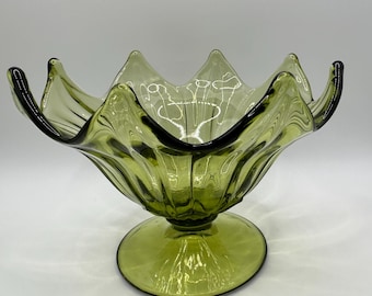 Olive Green Glass Lotus Petal Bowl 1960's Mid-Century Modern Westmoreland USA 5" x 6"