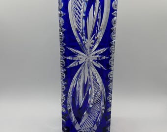 Cobalt Blue Cut to Clear Crystal Vase Vintage Lausitzer Glass, Germany 12" Tall