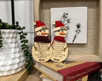 Personalized Wooden Snowman Ornaments with Limerick - Custom Name & Year, Choose Your Scarf Color!