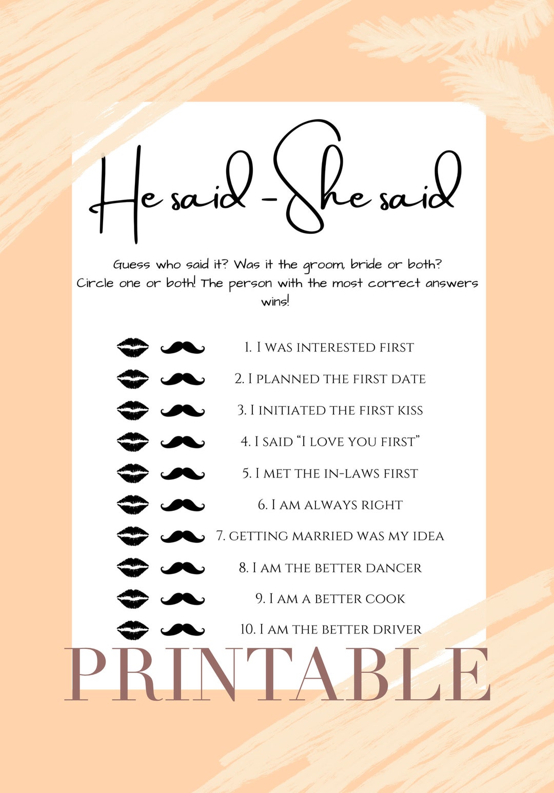 BRIDAL SHOWER | He Said She Said | Printable - Etsy