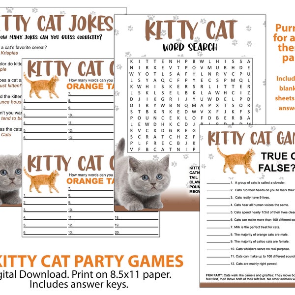 Kitty Cat Themed Party Games, Birthday Party, Digital Download