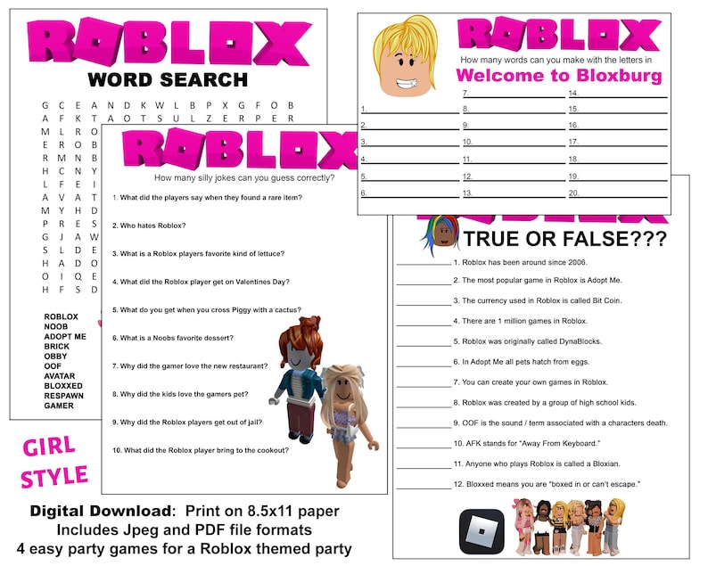 Roblox Party Games, Roblox Girl, Digital Download, GIRL Birthday Party Activities - Etsy