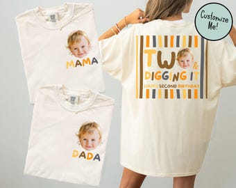 Two and Digging It Birthday Matching Front and Back Family Shirts, Boys Second Birthday Party, 2nd BDay Shirt Mom Dad Construction Theme