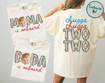 Chugga Chugga Two Two Birthday Front and Back Matching Family Shirts, Train Themed Boys Second Bday Party Shirt for Mom Dad