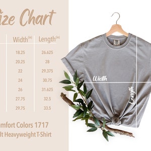 May include: Size chart for a Comfort Colors 1717 Adult Heavyweight T-Shirt. The chart shows the width and length in inches for sizes S through 4XL.