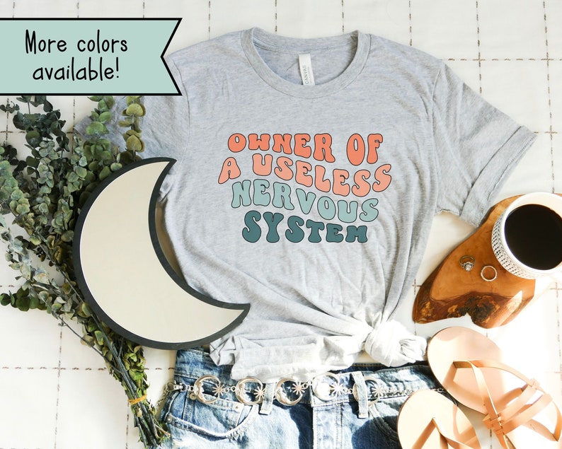 May include: A gray t-shirt with the text "OWNER OF A USELESS NERVOUS SYSTEM" in a rainbow color scheme. The text is in a retro font style.