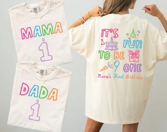 It's Fun to Be One Birthday Matching Family Shirts Front and Back, Boys Girls First Birthday Party, BDay Shirt Mom Dad Fun BDay Theme