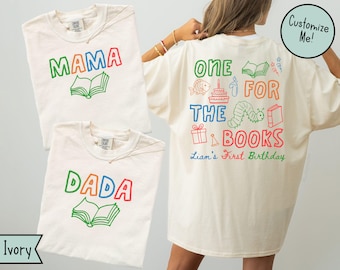 One for the Books Birthday Matching Family Shirts, Boys Girls First Birthday Party, Mom Dad Chapter One Reading Front and Back Shirt
