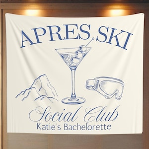 Tapiz personalizado para despedida de soltera después de esquiar, letrero de bienvenida &quot;Último brindis en las pistas&quot;, pancarta de montañas y martinis, decoración para despedida de soltera esquiando