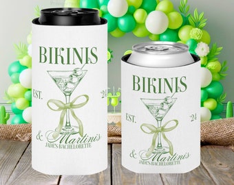 Custom Bikinis and Martinis Bachelorette Can Coolers, Personalized Bikinis and Martinis Coquette Drink Sleeves, Martini Bachelorette Favors