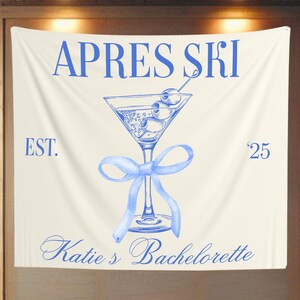 Tapiz personalizado para despedida de soltera después de esquiar, letrero de bienvenida &quot;Último brindis en las pistas&quot;, pancarta de montañas y martinis, decoración para despedida de soltera esquiando