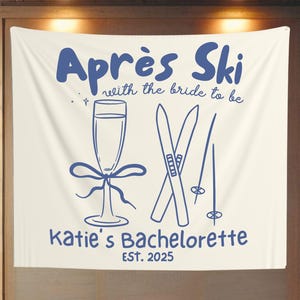 Tapiz personalizado para despedida de soltera después de esquiar, letrero de bienvenida &quot;Último brindis en las pistas&quot;, pancarta de montañas y martinis, decoración para despedida de soltera esquiando