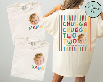 Chugga Chugga Two Two Birthday Front and Back Matching Family Shirts, Train Themed Boys Second Bday Party Shirt for Mom Dad