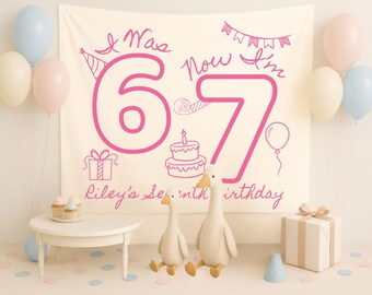 Custom 67 Birthday Party Decor, Kids Seventh Birthday Party Tapestry, Girls 7th Birthday Banner, Boys I was 6 Now I'm 7 Welcome Sign