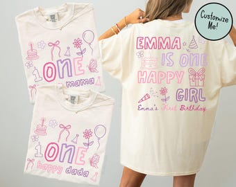 One Happy Girl Birthday Matching Front and Back Family Shirts, Girls First Birthday Party, 1st BDay Shirt Mom Dad Groovy Hippie Birthday