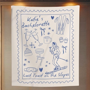 Tapiz personalizado para despedida de soltera después de esquiar, letrero de bienvenida &quot;Último brindis en las pistas&quot;, pancarta de montañas y martinis, decoración para despedida de soltera esquiando
