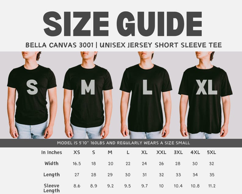 May include: Size guide for Bella Canvas 3001 unisex jersey short sleeve tee shirts. The image shows four models wearing black t-shirts in sizes S, M, L, and XL. A chart below provides measurements in inches for sizes XS to 5XL, including width, length, and sleeve length.