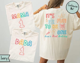It's Fun to Be One Birthday Matching Family Shirts Front and Back, Boys Girls First Birthday Party, BDay Shirt Mom Dad Fun BDay Theme