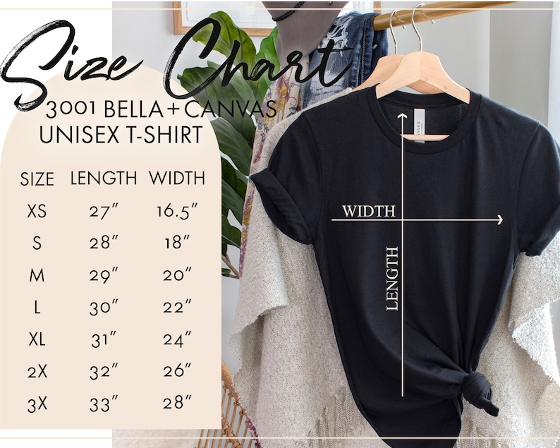 May include: Size chart for a unisex t-shirt, showing measurements in inches for length and width. Sizes include XS, S, M, L, XL, 2X, and 3X.