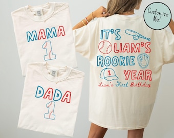 Baseball Themed Birthday Matching Family Shirts Front and Back, Rookie of the Year Birthday Party, Baseball Birthday Tee Mom Dad