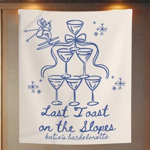 Tapiz personalizado para despedida de soltera después de esquiar, letrero de bienvenida &quot;Último brindis en las pistas&quot;, pancarta de montañas y martinis, decoración para despedida de soltera esquiando