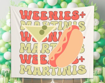 May include: A white backdrop with the text "weenies + martinis" repeated in a retro font style. The text is in shades of red and yellow. A green martini glass with olives and a yellow hot dog are in the center of the backdrop.