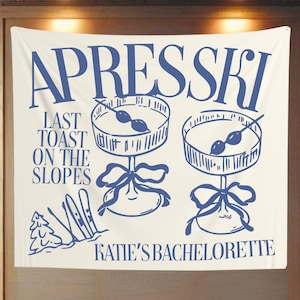 Tapiz personalizado para despedida de soltera después de esquiar, letrero de bienvenida &quot;Último brindis en las pistas&quot;, pancarta de montañas y martinis, decoración para despedida de soltera esquiando