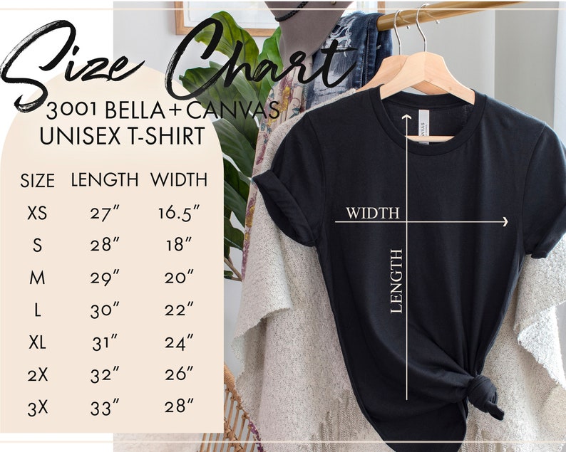 May include: Size chart for a unisex t-shirt, showing measurements in inches for length and width. Sizes include XS, S, M, L, XL, 2X, and 3X.