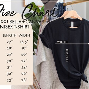 May include: Size chart for a unisex t-shirt, showing measurements in inches for length and width. Sizes include XS, S, M, L, XL, 2X, and 3X.