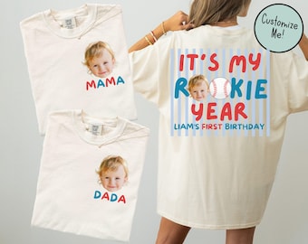 Baseball Themed Birthday Matching Family Shirts Front and Back, Rookie of the Year Birthday Party, Baseball Birthday Tee Mom Dad