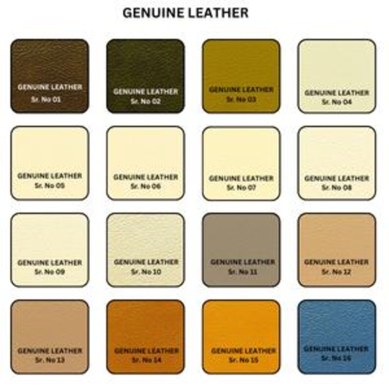 K&ouml;nnte beinhalten: Eine Farbkarte mit sechzehn quadratischen Mustern aus echtem Leder in verschiedenen Farbt&ouml;nen wie Braun, Oliv, Senf, Creme, Beige, Hellbraun, Grau, Orange und Blau. Jedes Muster ist mit dem Text GENUINE LEATHER und einer Seriennummer versehen.