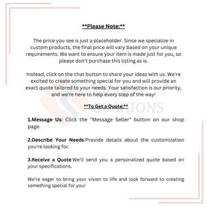 K&ouml;nnte beinhalten: Eine wei&szlig;e Informationsgrafik mit schwarzem Text unter der &Uuml;berschrift Please Note, die erkl&auml;rt, dass der angezeigte Preis ein Platzhalter f&uuml;r kundenspezifische Produkte ist. Sie beschreibt einen dreistufigen Prozess zur Kontaktaufnahme.