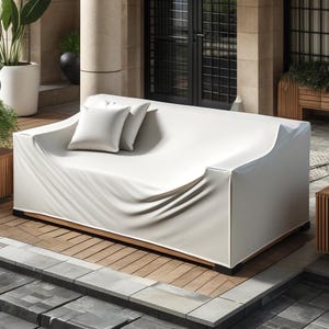 Milk white outdoor furniture cover fitted over a modern outdoor sofa set, sleek and water-resistant, with a clean, minimalist look. The background features a stone patio and potted plants, highlighting the cover's protective and durable qualities.