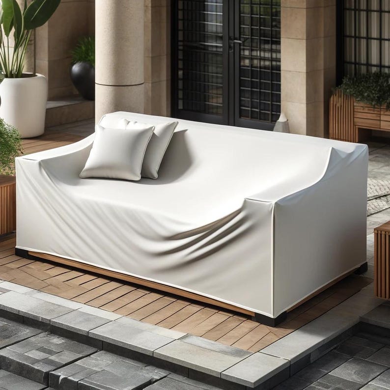 Milk white outdoor furniture cover fitted over a modern outdoor sofa set, sleek and water-resistant, with a clean, minimalist look. The background features a stone patio and potted plants, highlighting the cover's protective and durable qualities.